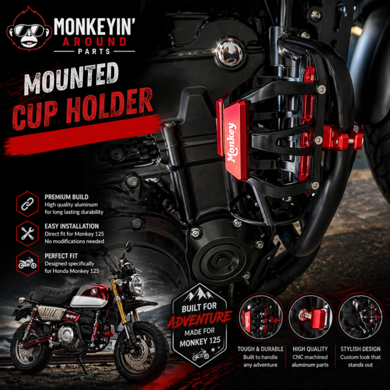 Motorcycle Cup Holder Mount (Monkey Logo) – Honda Monkey 125 Water Bottle Holder (2019–2024)